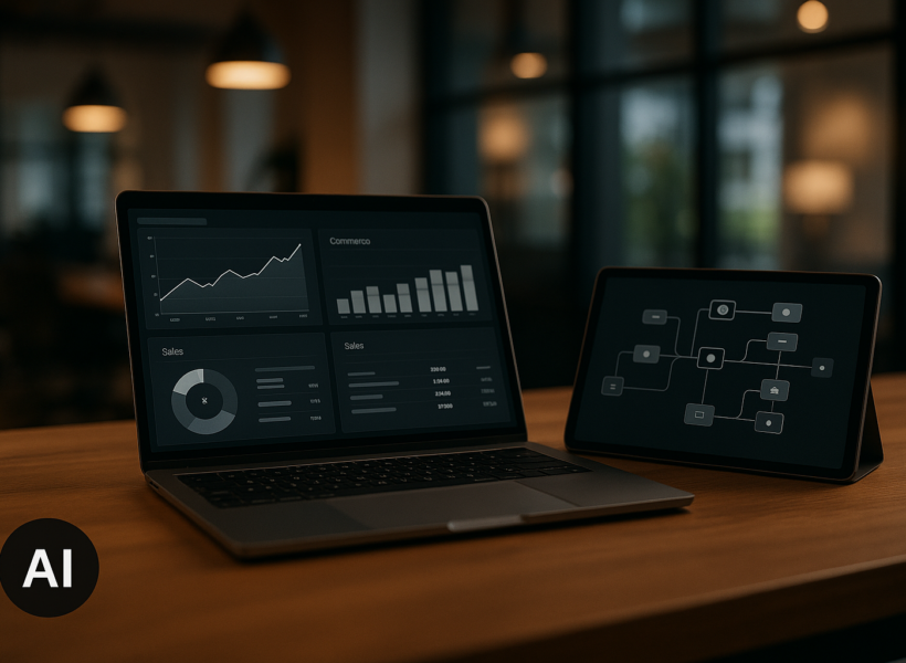 Laptop z wykresami automatyzacji e-commerce